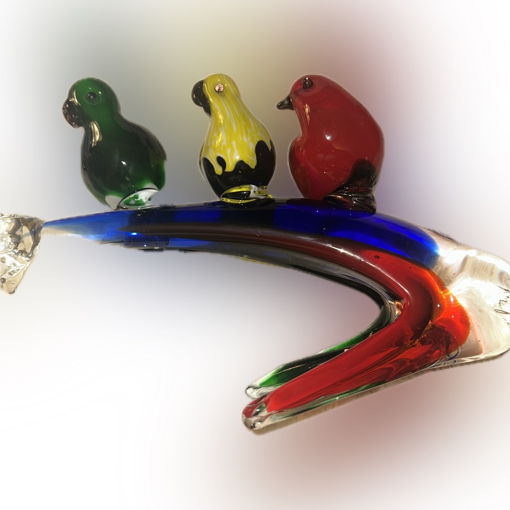 $55 sale  Murano Style Art Blown Glass  Tropical Birds Tree Branch 14 X 9”